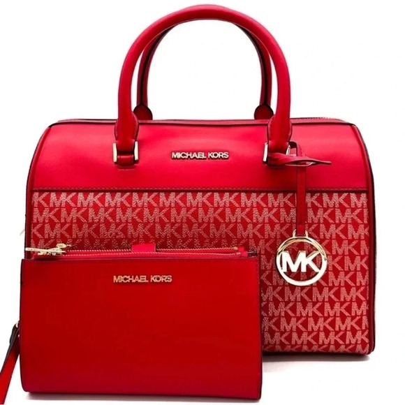 Michael Kors Medium Duffle Satchel Crossbody Bag & Large Double Zip Wallet Red - Picture 2 of 15